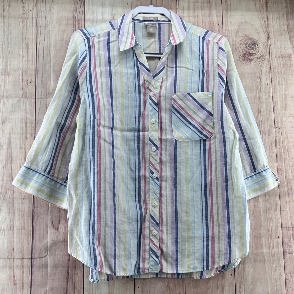 Chico's No Iron 100% Linen Striped Button Down Shirt 3/4 Sleeve Size 2‎ Large
